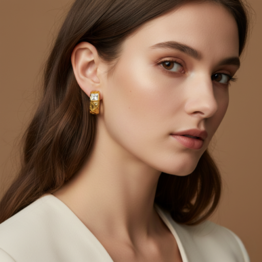 Hammered Gold Huggie Hoop Earrings with Square Crystal | Sculpted Luxury Statement Hoops for Women