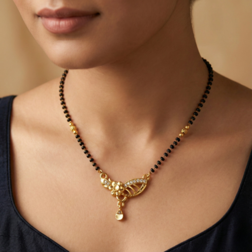 Gold Tone Short Mangalsutra Necklace – Asymmetrical Floral & Leaf Diamond Look Pendant with Drop Charm – Trendy Daily Wear Jewelry for Women