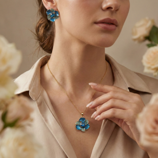 legant Blue Floral Pendant & Earrings Combo Set in Gold Tone | Enamel Flower Jewelry with Crystal Center | Designer Matching Jewelry Set for Women