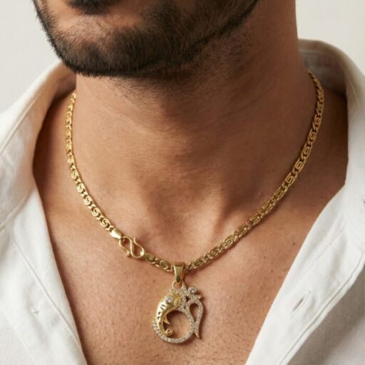 Gold Tone Om Ganesha Pendant Necklace for Men with CZ Stones | Religious Ganpati Locket with Sparkling Diamond Look & Flat Woven Chain | Hindu Spiritual Jewelry Gift
