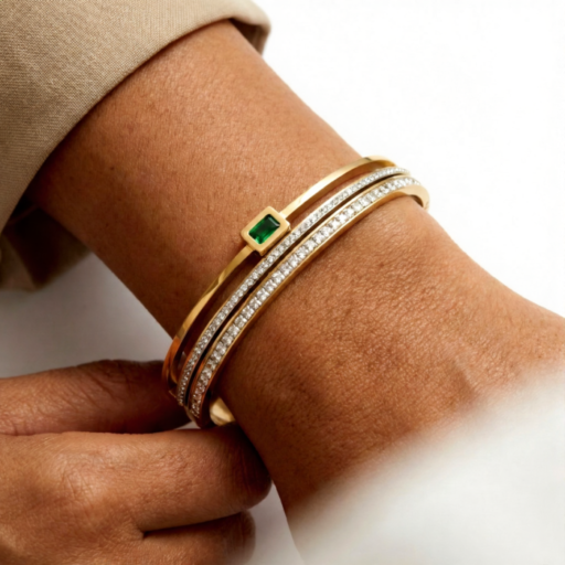Gold Tone Double Row Hinged Bangle – Emerald Green Crystal Baguette Stone & Cubic Zirconia Pave Cuff Bracelet – Modern Jewelry Gift