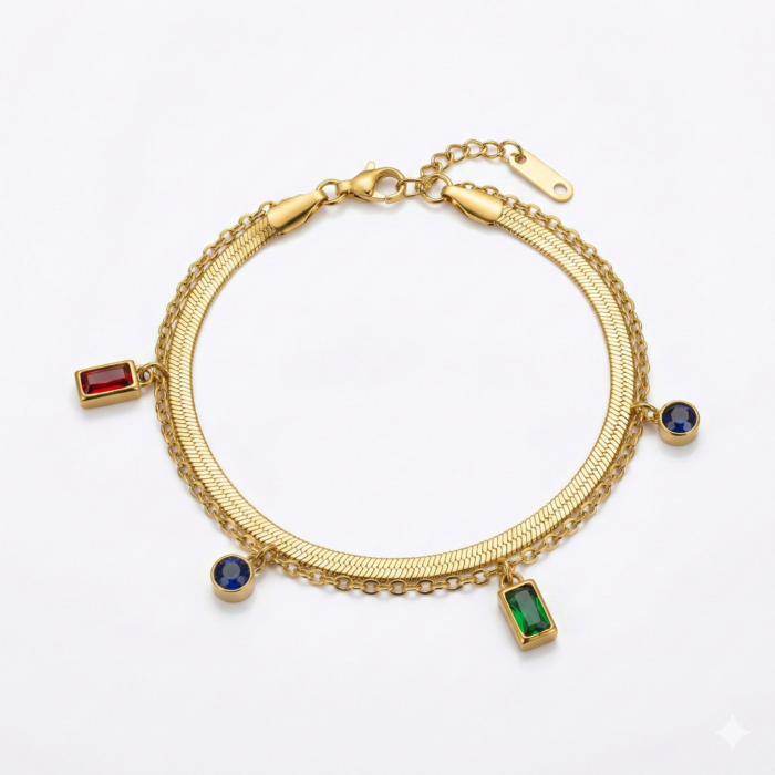 Gold Multi Stone Charm Bracelet | Double-Layer Chain Jewelry for Women