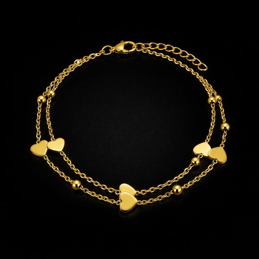 Dainty Double-Layered Gold Heart Bracelet – 18K Gold Plated Minimalist Heart & Bead Multi-Strand Chain