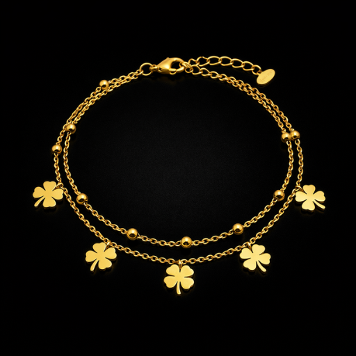 Lucky Four-Leaf Clover Double-Layer Bracelet – 18K Gold Plated Multi-Strand Chain with Polished Bead Accents