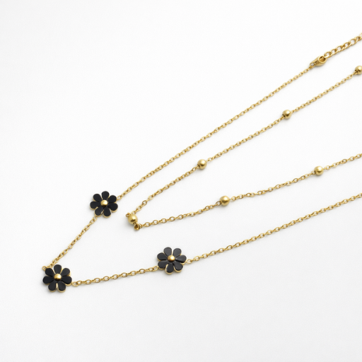 Gold Layered Black Flower Necklace for Women | Double Layer Floral Charm Chain | Elegant Trendy Jewelry