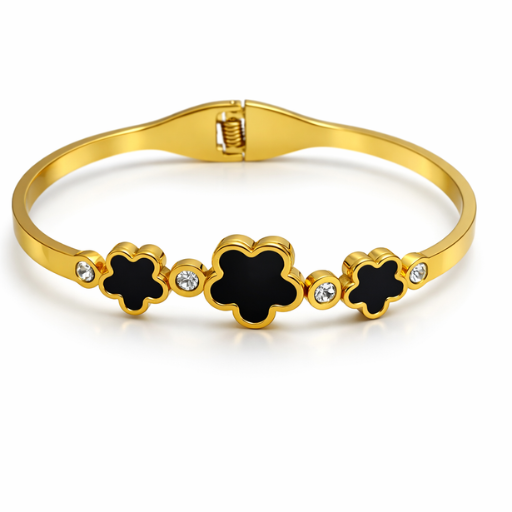 Designer Inspired Black Floral Enamel Bangle – 18K Gold Plated Hinged Cuff with Sparkling Cubic Zirconia Accents