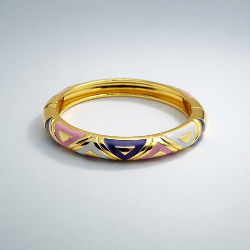 Geometric Enamel Art Deco Bangle – 18K Gold Plated Hinged Cuff with Pastel Pink, White, and Royal Purple Patterns