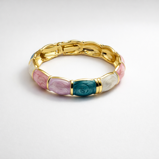 Embrace the artistry of fluid design with this stunning gold-toned bangle. Featuring a unique marbled enamel finish and a graceful scalloped silhouette, this piece is a masterpiece of texture and color.