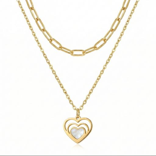 Gold Layered Heart & Clover Necklace for Women | Triple Layer Charm Chain Necklace | Elegant Minimal Jewelry