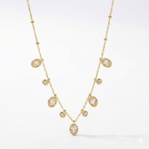 Gold Crystal Drop Charm Necklace for Women | Elegant Oval & Round Stone Chain Necklace | Luxury Minimal Jewelry