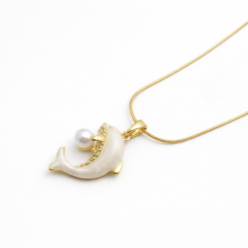 Gold Dolphin Pearl Pendant Necklace for Women | Crystal Studded Dolphin Charm Chain | Elegant Ocean Jewelry