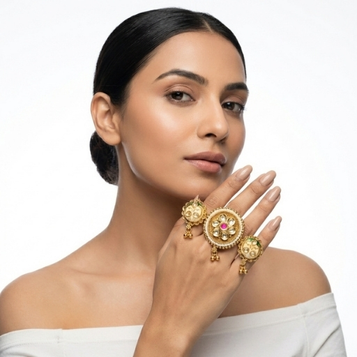Gold Plated Kundan Multi-Finger Ring for Women | Floral Statement Ethnic Hand Jewelry with Dangling Details