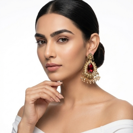 Gold Plated Kundan Chandbali Earrings with Red Stone | Bridal Statement Ethnic Earrings for Women