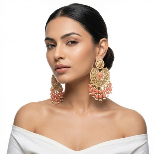 Gold Plated Kundan Chandbali Earrings with Peach Beads | Floral Statement Ethnic Earrings for Women