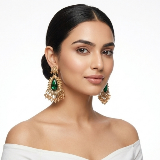 Gold Plated Kundan Chandbali Earrings with Green Stone | Bridal Statement Ethnic Earrings for Women