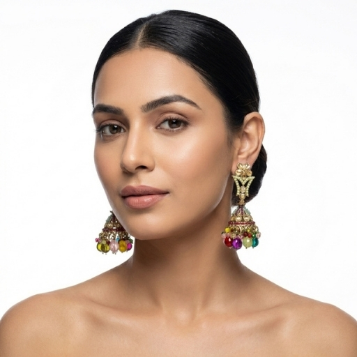 Gold Plated Multicolor Jhumka Earrings with Kundan Work | Traditional Statement Ethnic Earrings for Women