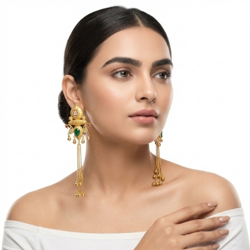 Gold Plated Long Drop Earrings with Green Stone | Traditional Statement Ethnic Earrings for Women