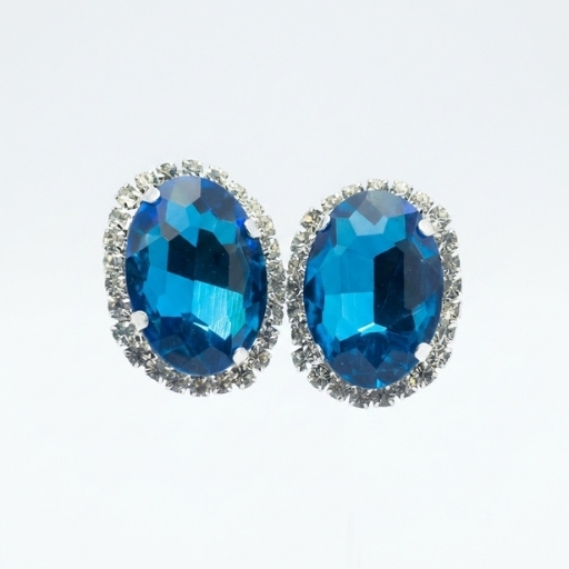 Silver Blue Stone Stud Earrings for Women | Elegant Oval Crystal Statement Earrings