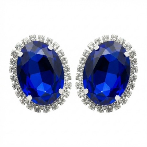 Silver Blue Crystal Stud Earrings for Women | Elegant Oval Stone Statement Earrings