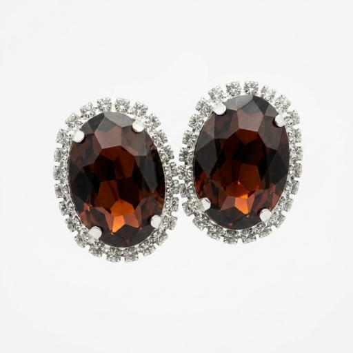 Silver Brown Crystal Stud Earrings for Women | Elegant Oval Stone Statement Earrings