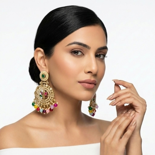 Gold Plated Kundan Chandbali Earrings with Multicolor Beads | Traditional Statement Ethnic Earrings for Women