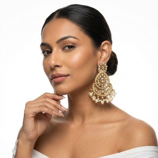 Gold Plated Kundan Chandbali Earrings with Pearl Drops | Elegant Traditional Statement Earrings for Women