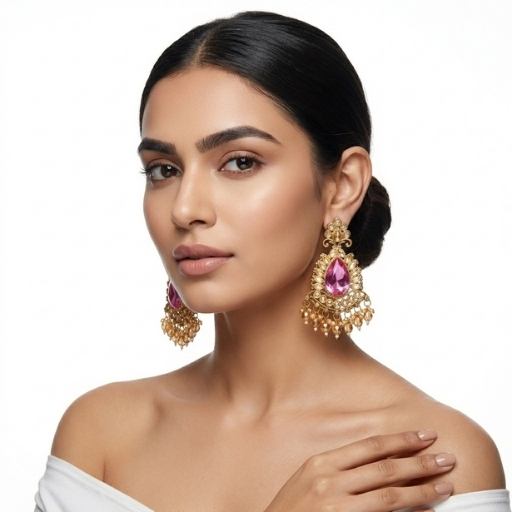 Gold Plated Kundan Chandbali Earrings with Pink Stone | Elegant Bridal Statement Ethnic Earrings for Women