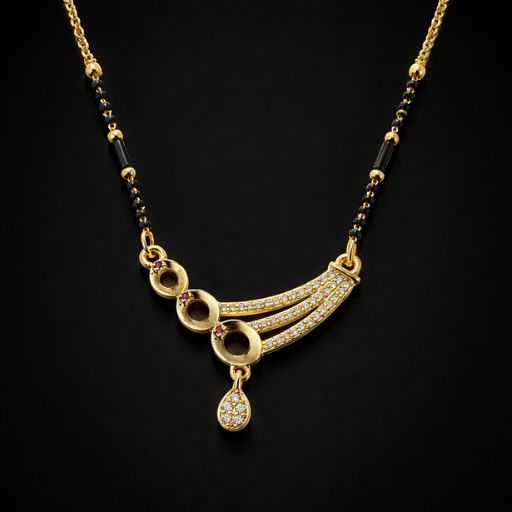 Blending artisanal geometry with a hint of royal color, this gold-toned Mangalsutra offers a fresh, modern perspective on traditional jewelry. Its unique asymmetric design and delicate sparkle make it a captivating signature piece.