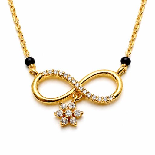 Embrace the beauty of an everlasting bond with this poetic gold-toned Mangalsutra. Featuring a seamless infinity loop and a radiant floral charm, it is a sophisticated celebration of love that bridges tradition and contemporary style.