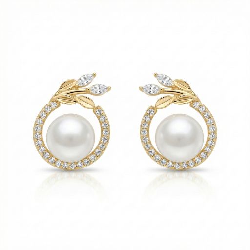 Infuse your jewelry collection with the serene beauty of nature and the timeless elegance of pearls. These gold-toned studs feature an artistic blend of organic leaf motifs and radiant halos, offering a sophisticated, high-jewelry aesthetic.