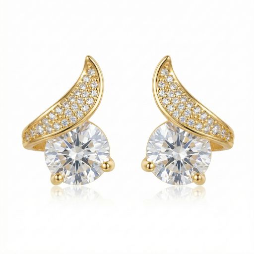 Exude effortless glamour with this strikingly modern take on the classic diamond stud. Combining a high-wattage solitaire focal point with a fluid, pavé-set "wave" motif, these gold-toned earrings offer a sophisticated blend of movement and light.