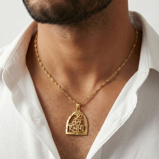 Carry a powerful invocation of peace and protection with this masterfully crafted gold-toned pendant. This piece features the sacred mantra "Om Namah Shivay" in elegant Devanagari script, encased in a traditional temple-arch frame that serves as a beautiful tribute to Lord Shiva.