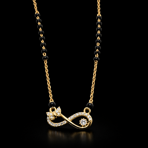 Embrace the beauty of transformation and eternal commitment with this whimsical gold-toned Mangalsutra. Featuring a poetic blend of symbols, this piece is designed for the woman who finds magic in every chapter of her journey.